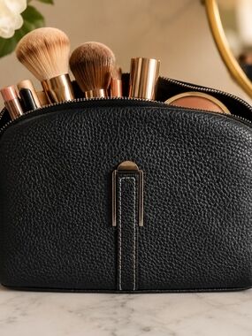 LAORENTOU Black Leather Makeup Bag Cosmetic Case Travel Toiletry Organizer